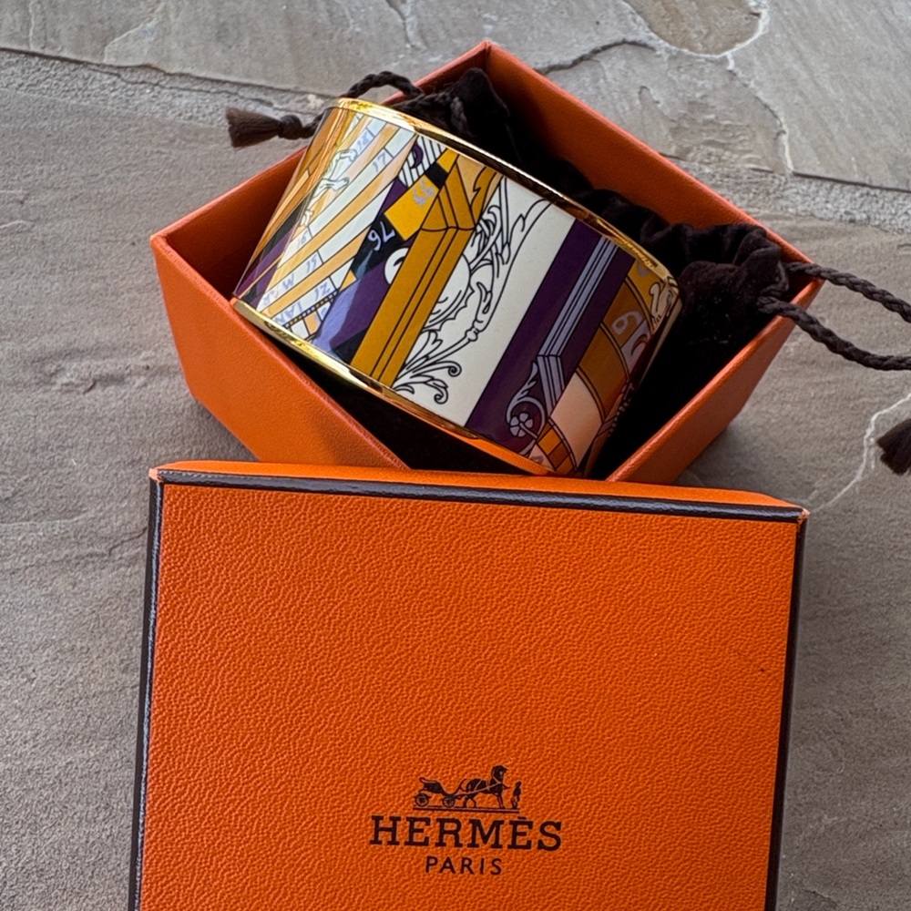 Hermès Paris Astrologie Nouvelle Enamel Gold Plated Bracelet with Box - Size 65